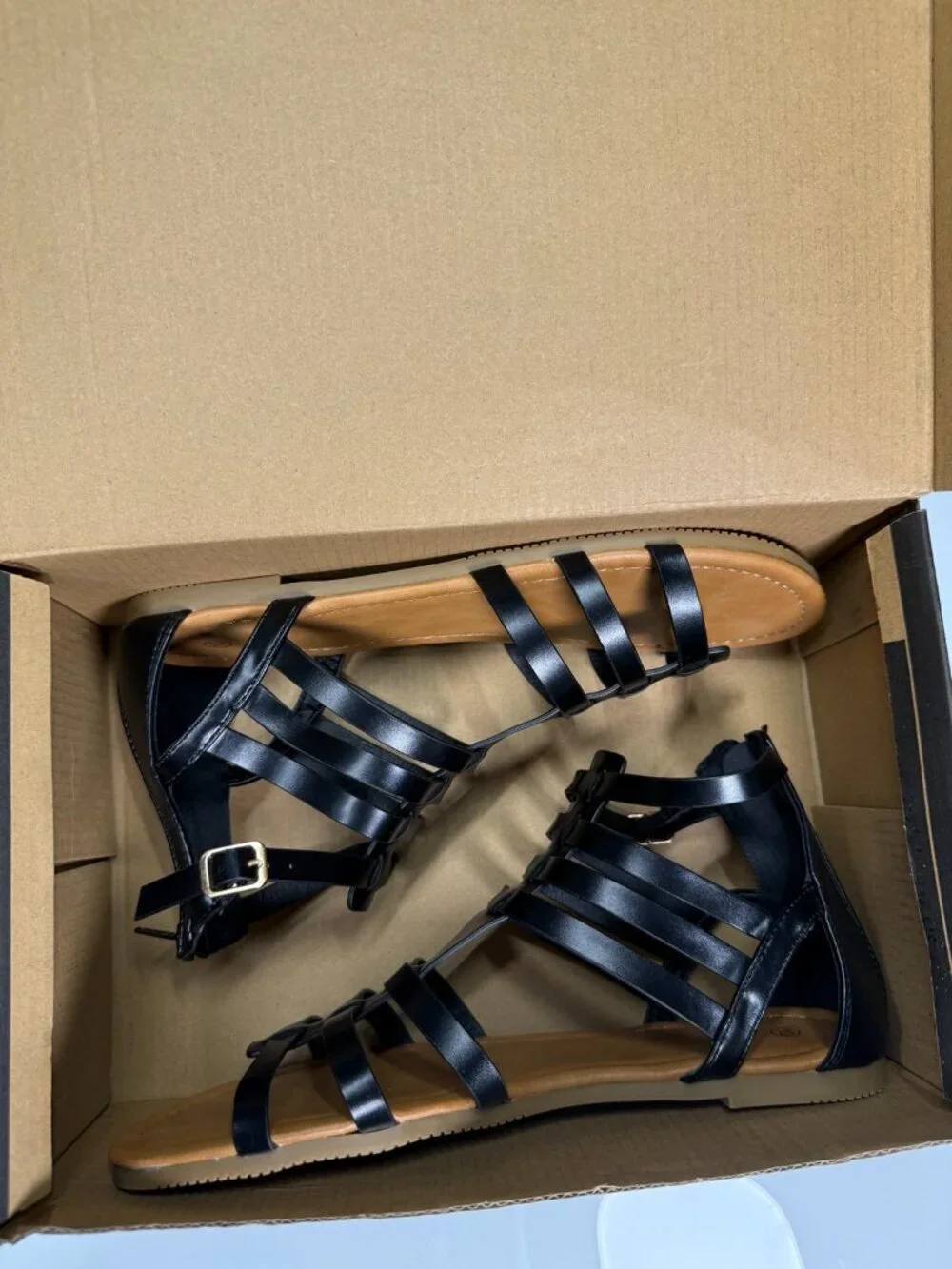 Black Gladiator Strappy Flat Sandals Ankle Zip Size 10